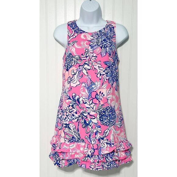 Lilly Pulitzer Marla Romper Sun Drenched Pink Tropics Ruffle Hem Crepe Size 00 - Picture 2 of 13